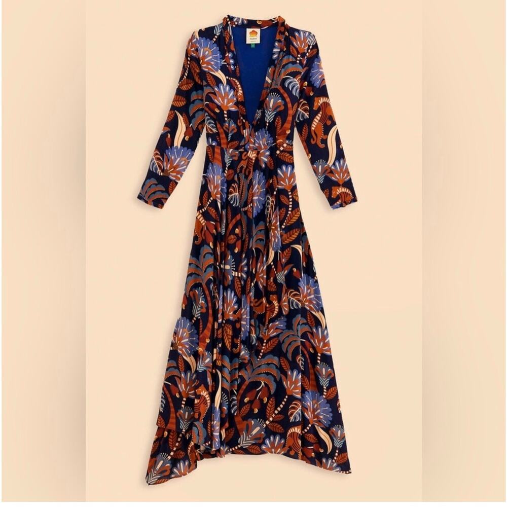 FARM RIO Nature Beauty Blue Long Sleeve V Neckline Maxi Dress Nature Beauty Blue - Picture 12 of 12
